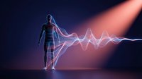 Human figure composed of glowing neon lines and digital waves, standing against dark background with flowing energy streams, representing technology, innovation, and digital transformation for futuristic concepts.