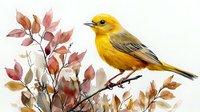 Yellow songbird perched on branch with pink and brown autumn leaves in watercolor style, artistic nature illustration on white background.