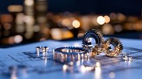 Mechanical gears and cogwheels on technical drawing blueprint with soft bokeh lights in background, engineering and industrial design concept.