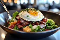Fresh salad with crispy bacon strips, sunny side up egg, and mixed greens served in dark bowl against blurred restaurant background. Perfect for menu or food blog.