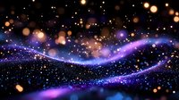 Magical glowing waves with sparkling particles and bokeh lights in dark space create dreamy cosmic atmosphere. Purple and blue luminous abstract background.