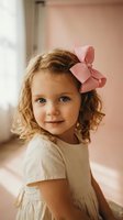 Adorable young girl with curly blonde hair wearing pink bow headband and cream dress smiling at camera in soft natural light indoor setting.