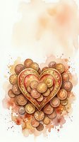 Watercolor golden heart surrounded by coins, warm tones, wealth and love concept, ornate decorative art for greeting cards and prints.