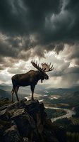 Majestic moose with large antlers standing on rocky cliff overlooking mountain valley under dramatic stormy sky with dark clouds and sunlight breaking through.
