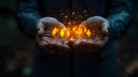 Glowing magical miniature city floating above cupped hands with sparkles and light particles, creating mystical atmosphere against dark background. Fantasy concept for hope and dreams.