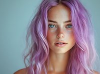 Young woman with vibrant lavender hair, freckles, and striking green eyes against light blue background. Perfect for beauty, fashion, and hair color advertising.