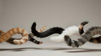 Playful cat tails in motion captured against a neutral background, showcasing fluffy fur textures in orange, black, white, and gray tones.