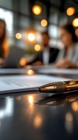Luxury gold pen on polished surface with warm bokeh lights and blurred business meeting background for professional corporate documentation and signing contracts.
