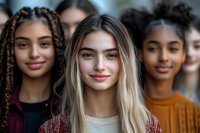 Diverse group of young women smiling at camera, showcasing natural beauty and friendship. Mixed ethnicity female models with different hairstyles in casual attire.