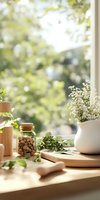Serene morning windowsill with white baby's breath flowers in ceramic vase, glass jar of nuts, bamboo containers, and fresh green leaves on wooden surface in soft sunlight.