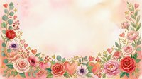 Watercolor floral frame with red, pink and purple roses, green leaves and hearts on cream background. Perfect for wedding invitations, greeting cards and design projects.