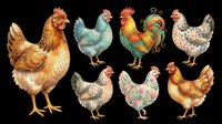 Collection of eight isolated rooster and hen illustrations in various colorful styles and poses, rendered on transparent background. Ready for clipart, t-shirt design, print-on-demand products, stickers, and sublimation projects.
