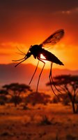 Mosquito silhouette in flight against dramatic orange sunset sky with warm golden light, ideal for pest control, disease awareness, and nature editorial use.