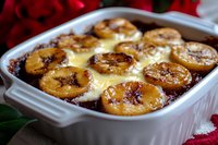 Caramelized banana pudding dessert in white ceramic baking dish with golden brown sugar topping and creamy vanilla custard base, close-up view of homemade comfort food.