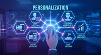 Business hand touching digital personalization interface with hexagonal icons showing user profiling, customer segments, and analytics on blue tech background.