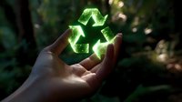 Glowing green recycling symbol floating above open palm against dark natural background, representing environmental conservation and sustainability concept.