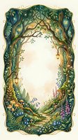 Enchanted forest frame with twisted tree branches, wildflowers and magical lanterns creating mystical woodland border for fairy tale designs.