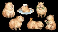 Cute capybara characters in various poses isolated on transparent background, ready for t-shirt design, stickers, clipart, print-on-demand products, and sublimation projects.