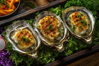 Grilled oysters with melted cheese and herbs served on fresh lettuce leaves, garnished with spices and microgreens, gourmet seafood appetizer presentation.