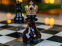 Black chess king piece with golden crown on chessboard, dramatic lighting with bokeh effect creates luxurious atmosphere for strategy and leadership concepts.