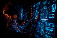 Young Asian woman interacting with futuristic holographic interface in dark room with blue neon lighting, digital technology concept showing virtual reality interface.