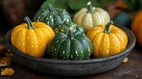 Fresh yellow and green decorative pumpkins arranged in rustic bowl against dark background. Autumn harvest composition with mini gourds for seasonal decor.