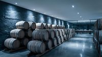 Wooden barrels stacked in modern winery cellar with stone walls, ambient lighting, and polished concrete floor for wine storage and aging.