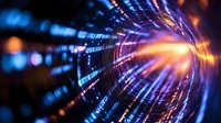 Digital tunnel with glowing data streams and light rays creating futuristic cyber space for technology presentations and sci-fi projects.
