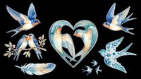 Watercolor birds with heart shape and floral elements isolated on transparent background. Ready for t-shirt design, clipart, stickers, sublimation, print-on-demand products and digital crafts.
