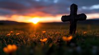 Silhouette of wooden cross in meadow at dramatic sunset with orange wildflowers in foreground and moody clouds above, spiritual outdoor scene.