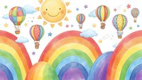 Colorful rainbow and hot air balloon pattern with smiling sun and stars on white background. Cheerful children nursery design for wallpaper and textile.