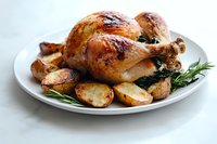 Roasted whole chicken with crispy golden-brown skin served on white plate with herb-seasoned potatoes and fresh rosemary garnish, showcasing homestyle cooking.