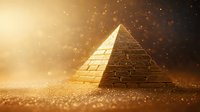 Golden pyramid in mystical desert atmosphere with glowing particles and dramatic lighting against dark background creates mysterious ancient mood.