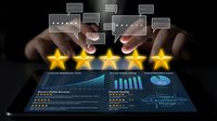 Businessman hands selecting five golden stars rating above digital tablet with analytics dashboard for customer feedback and quality evaluation.