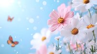 Dreamy summer garden scene with white daisies and pink cosmos flowers against blue sky, soft bokeh lights and delicate butterflies creating magical atmosphere.
