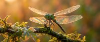 Green dragonfly with transparent wings perched on moss-covered branch in warm golden sunlight, nature wildlife insect macro photography.