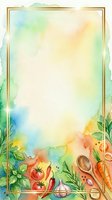 Watercolor cooking frame with fresh vegetables, herbs, and gold border on isolated white background, ready for recipe cards, menu designs, and culinary branding projects.