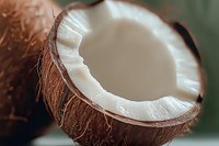 Fresh ripe coconut half showing white flesh and brown fiburred background, natural food photography.