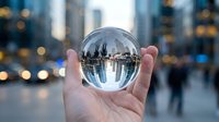 Clear crystal sphere held in hand reflecting urban cityscape with tall buildings and blurred street scene, symbolizing vision, focus, and perspective for business and future concepts.