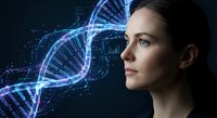 Young Caucasian woman scientist gazing at glowing DNA double helix structure with digital data visualization for genetic research and biotechnology concepts.