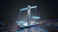 Digital justice scales with glowing blue holographic platforms on futuristic circuit board background representing legal technology and cyber law enforcement.