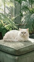 Fluffy white Persian cat resting on a green velvet ottoman surrounded by lush tropical ferns and palms in a sunlit indoor garden.