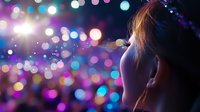 Young woman silhouette against colorful bokeh lights background creating dreamy atmosphere for nightlife entertainment and party concepts.