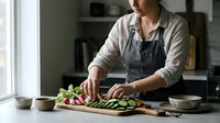 Professional female chef in apron preparing fresh vegetables on wooden cutting board in modern kitchen for healthy cooking and meal preparation.