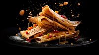 Homemade waffles stacked on black plate with dripping honey, pomegranate seeds and crumbs scattered dramatically on dark background. Food photography.