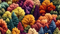 Vibrant autumn forest canopy with multicolored trees in yellow, orange, purple, and blue tones creating dense woodland pattern viewed from above in aerial perspective.