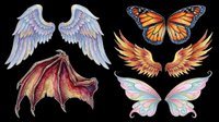 Watercolor wings collection featuring angelic feathers, monarch butterfly wings, fiery phoenix wings, and magical fairy wings isolated on transparent background. Ready for t-shirt design, clipart, stickers, sublimation, and print-on-demand projects.