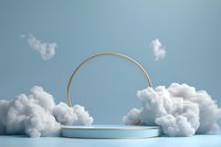 Minimalist podium display with golden arch and fluffy white clouds against soft blue sky background, creating dreamy aesthetic for product presentation.