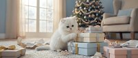 Fluffy white kitten sitting among wrapped gift boxes with decorated tree and cozy living room interior in background, suitable for holiday greeting cards and seasonal marketing.