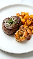 Grilled beef steak with rosemary, roasted shrimp and golden potatoes on white plate. Fine dining restaurant presentation for gourmet cuisine.